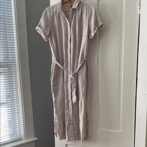 Garnet Hill Tan Striped Linen Midi Dress